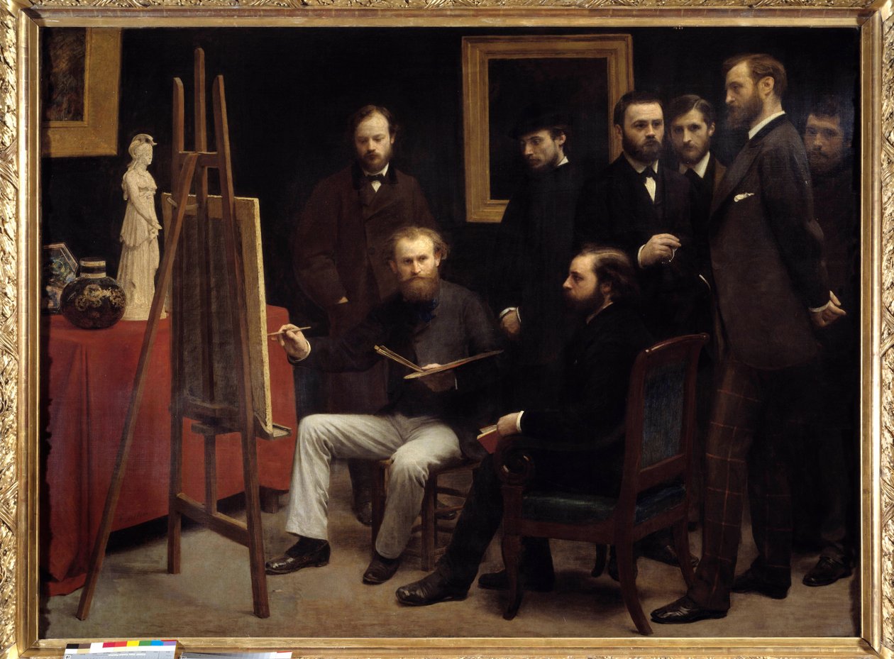 Työpaja Batignollesissa. Mukana: Otto Scholderer, Edouard Manet (1832-1883) keskellä, Pierre Auguste Renoir (1841-1919), Zacharie Astru (1835-1907), Emile Zola (1840-1902), Edmond Maitre (1840-). 1888), Frederic Bazill tekijältä Ignace Henri Jean Fantin Latour
