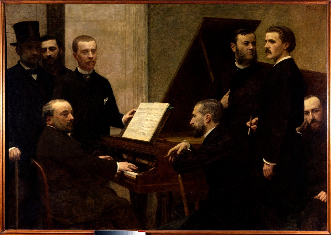 Pianon ympärillä Istuivat vasemmalta oikealle Emmanuel Chabrier, Edmond Maitre ja Amedee Pigeon. Seisovat, Adolphe Julien, Arthur Boisseau, Camille Benoit, Antoine Lascoux ja Vincent d