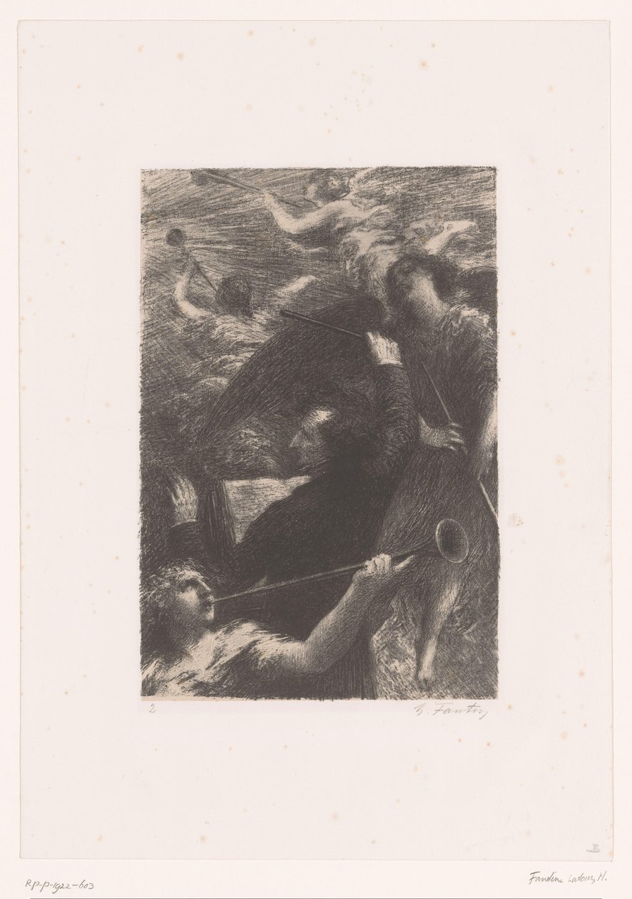 Berlioz johtaa neljän trumpettia puhaltavan enkelin kesken Tuba mirum spargens sonum Hector Berliozin elämä ja teokset (sarjan nimi) tekijältä Ignace Henri Jean Fantin Latour