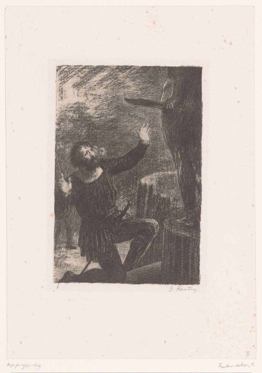 Cellini polvistuu Perseuksen pronssisen patsaan eteen Benvenuto Cellini. Laki III. La fonte du Persee Hector Berliozin elämä ja teokset (sarjan nimi) tekijältä Ignace Henri Jean Fantin Latour