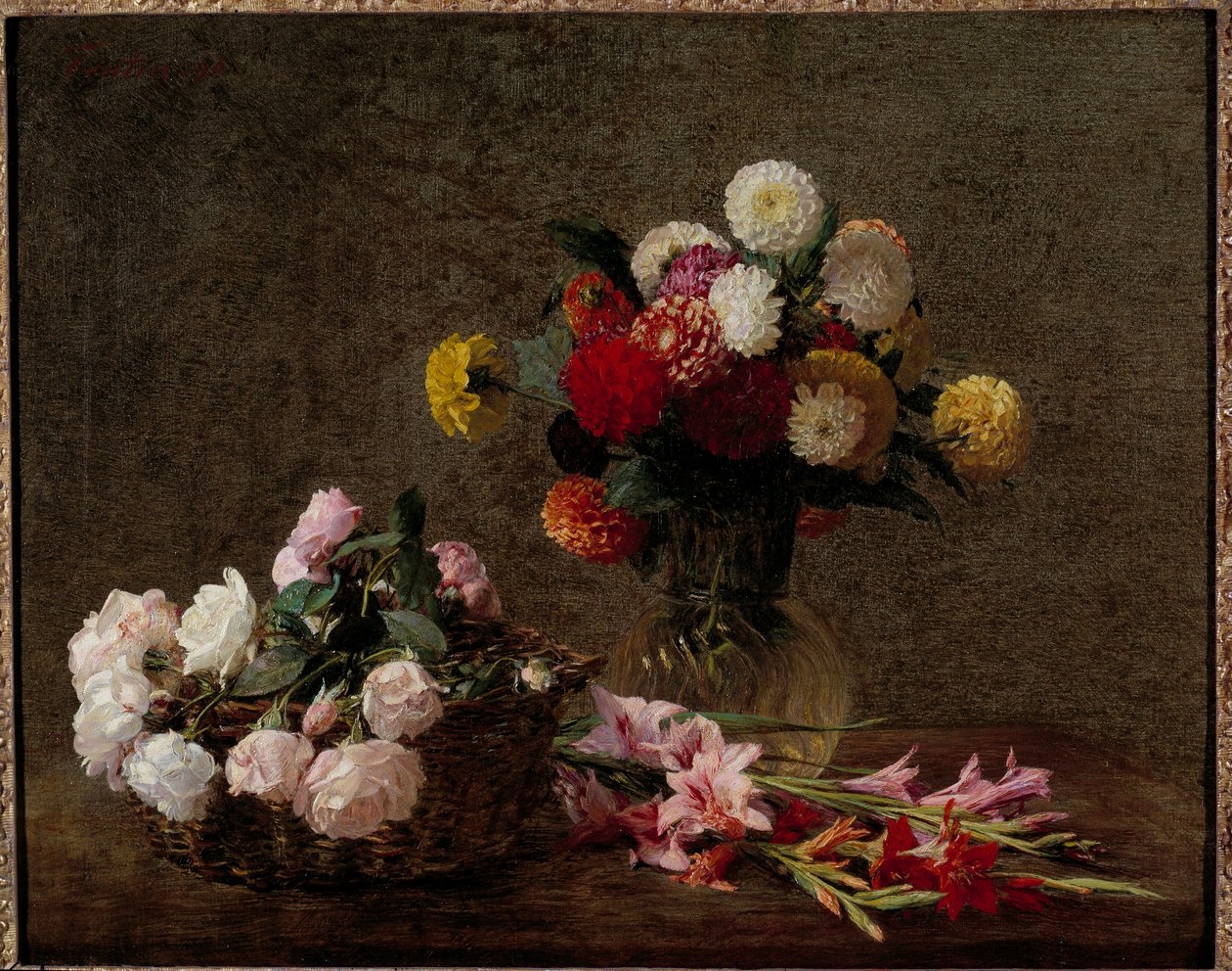 Daaliat ja ruusut korissa Henri Fantin Latourin maalaus (Fantin-Latour tekijältä Ignace Henri Jean Fantin Latour
