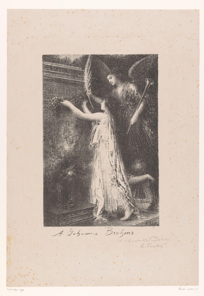 Enkeli ja kuuluisuuden henkilöitymä tuovat kunniaseppeleen Johannes Brahmsin haudalle Á Johannes Brahms (otsikko esineessä) tekijältä Ignace Henri Jean Fantin Latour
