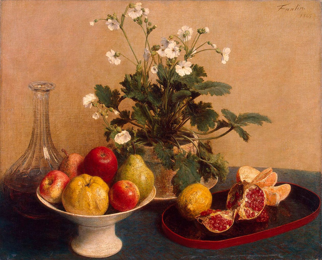 Kukat, hedelmiä sisältävä ruokalaji ja karahvi", 1865. tekijältä Ignace Henri Jean Fantin Latour