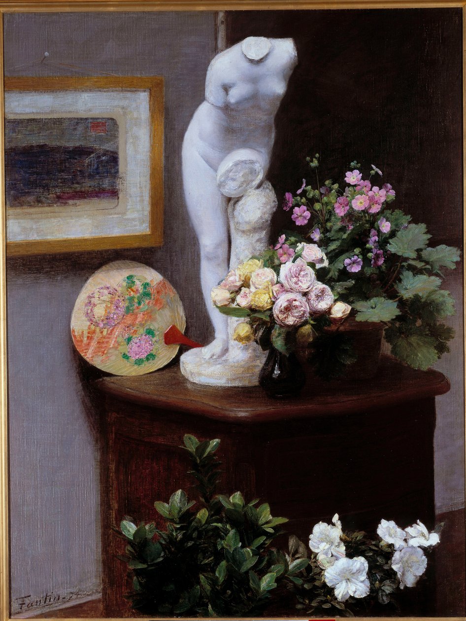 Kukat ja esineet Henri Fantin Latourin maalaus (Fantin-Latour tekijältä Ignace Henri Jean Fantin Latour