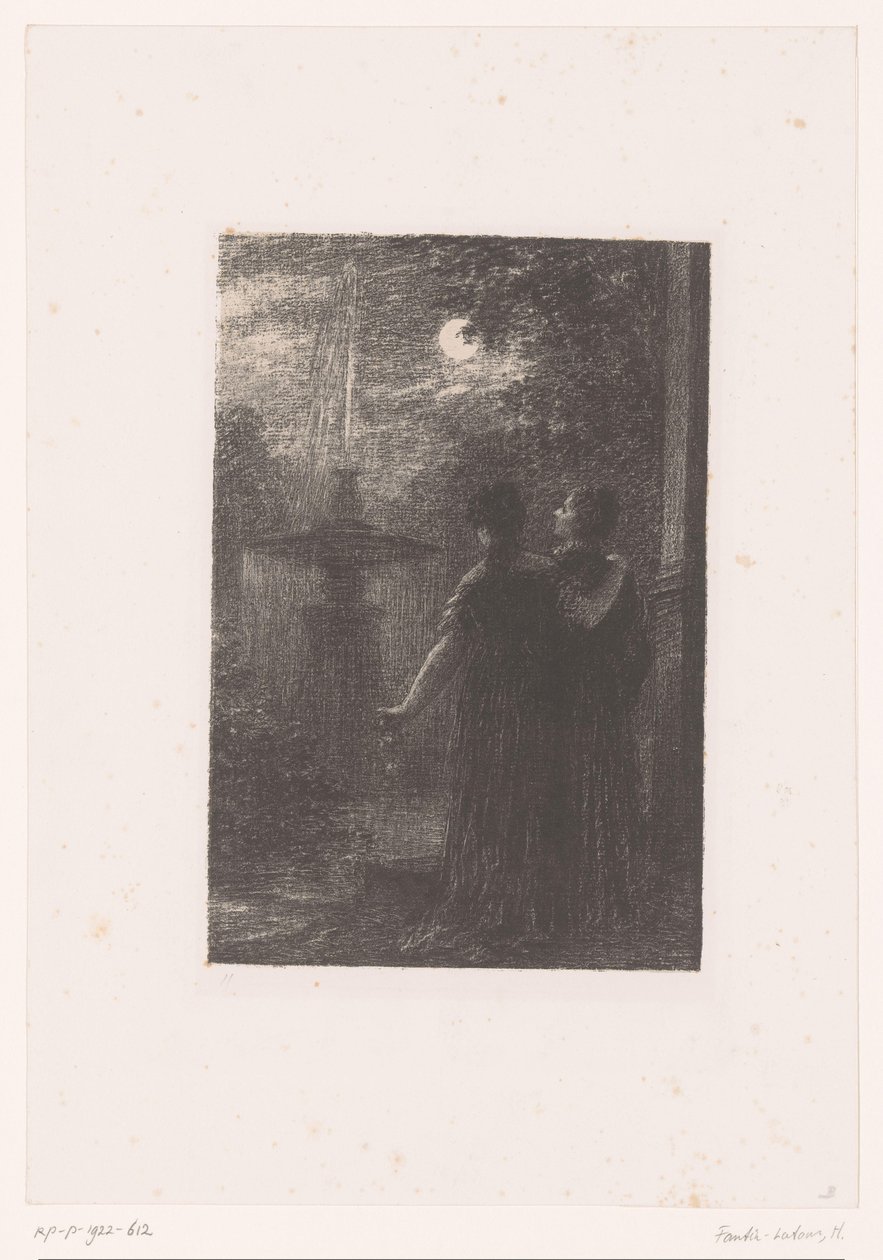 Héro ja Ursule suihkulähteen äärellä kuunvalossa Béatrice ja Benedict. Act I. Nocturne Hector Berliozin elämä ja teokset (sarjan nimi) tekijältä Ignace Henri Jean Fantin Latour