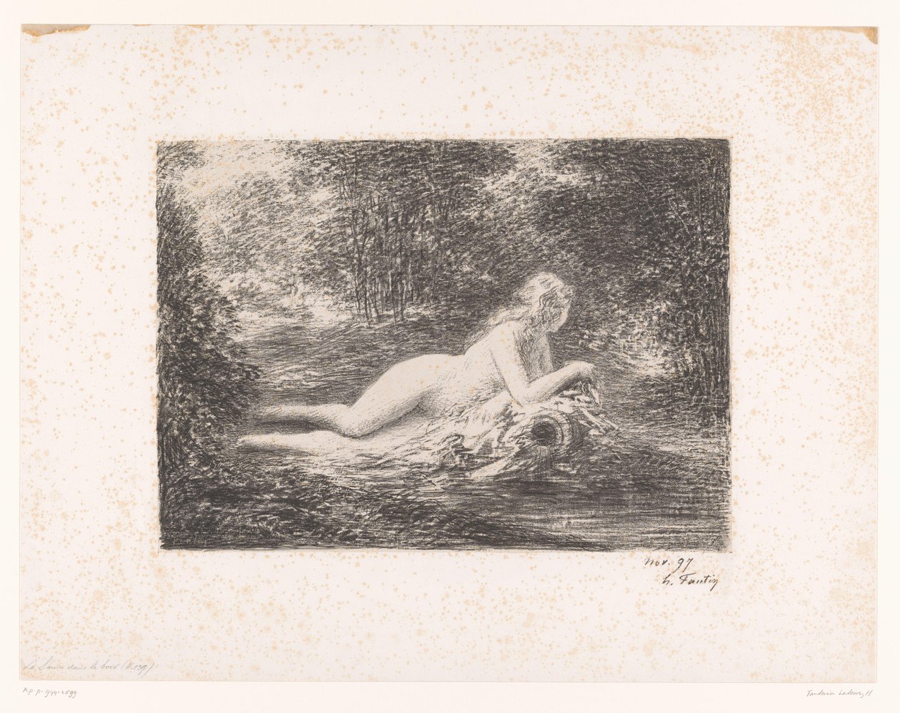 Nymfi vesikannulla metsäpuron rannalla La lähde dans les bois (otsikko esineessä) tekijältä Ignace Henri Jean Fantin Latour