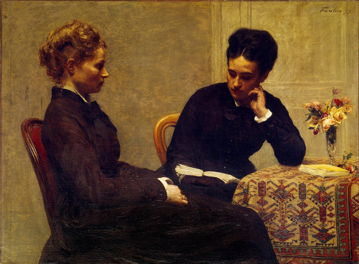 Lukeminen Nainen lukee nuorelle sokealle tekijältä Ignace Henri Jean Fantin Latour