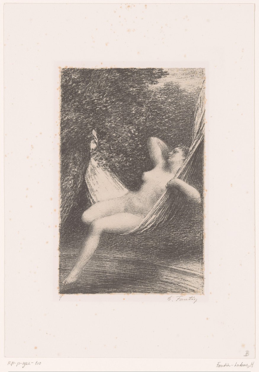 Sara keinuu alasti riippumatossa veden päällä Sara la Baigneuse Hector Berliozin elämä ja teokset (sarjan nimi) tekijältä Ignace Henri Jean Fantin Latour