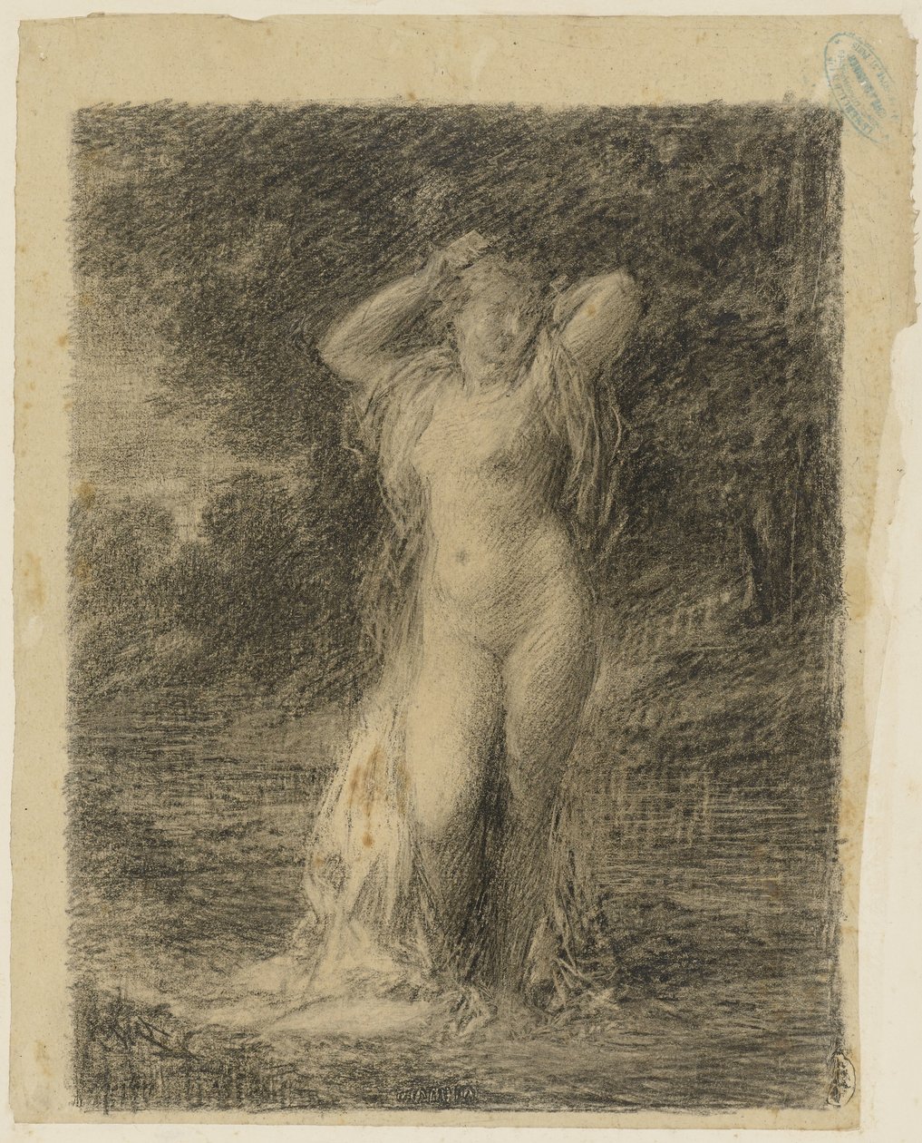 Seisoo alaston nainen metsämaisemassa vedellä tekijältä Ignace Henri Jean Fantin Latour