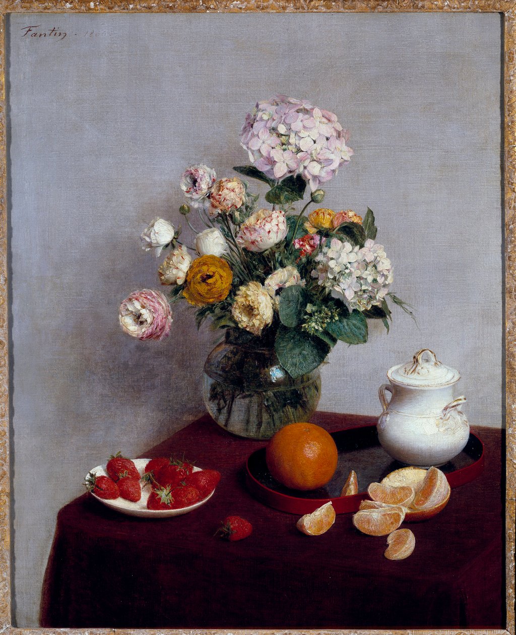 Henri Fantin Latourin maalaus kesäkukkia ja hedelmiä (Fantin-Latour tekijältä Ignace Henri Jean Fantin Latour