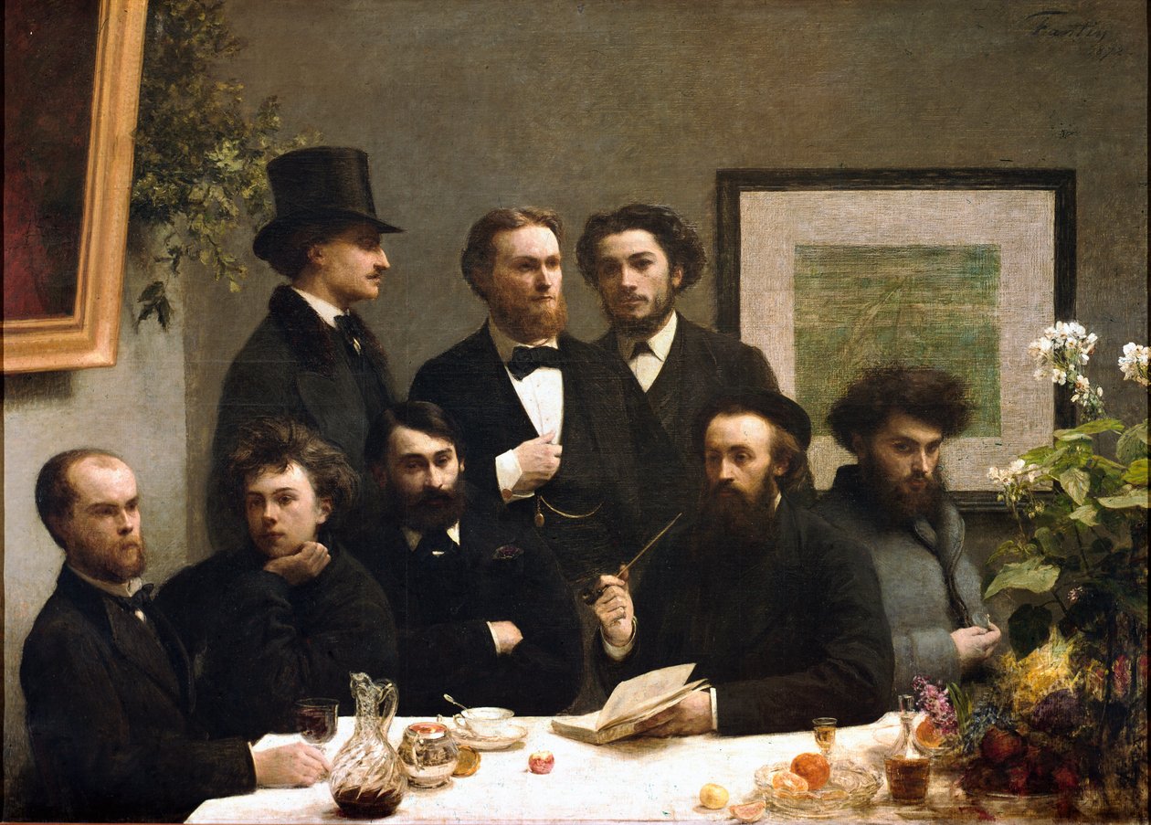 Pöytäkulma: vasemmalta oikealle: Paul Verlaine, Arthur Rimbaud, Elzear Bonnier, Leon Valade, Emile Blemont, Jean Aicart, Ernest d