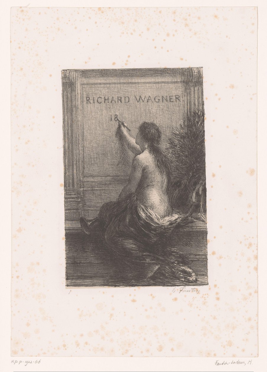 Otsikkopainatus: Richard Wagner, sa vie et ses œuvres Richard Wagner (otsikko esineessä) Kuolemattomuus Richard Wagnerin elämä ja teokset (sarjan nimi) tekijältä Ignace Henri Jean Fantin Latour