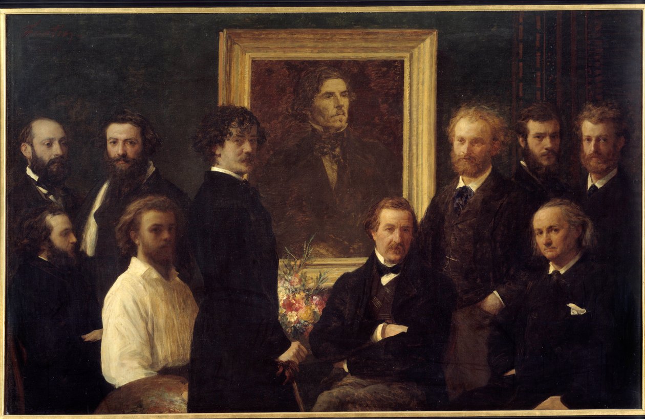 Kunnianosoitus Eugene Delacroixille. Edustettuina ovat Louis Edmond Duranty (kirjainmies), James Abbott Mac Neill Whistler (maalari), Champfleury, Jules Husson (kirjainten mies), Edouard Manet, Charles Baudelaire, Louis Cordier, Alphonse Legros (pai). tekijältä Ignace Henri Jean Fantin Latour