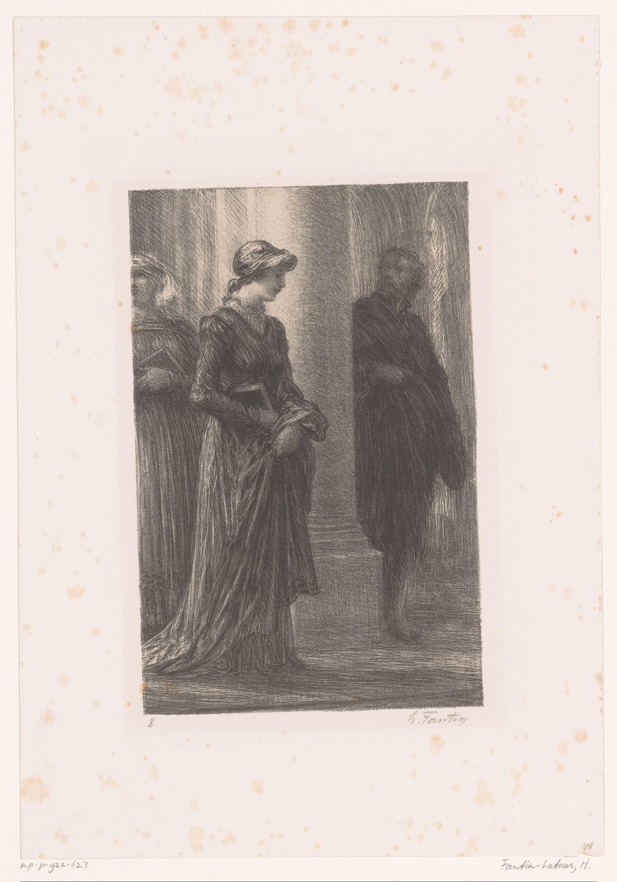 Walther von Stolzing huomaa Eva Pognerin kirkossa Nürnbergin mestarilaulajat. Act I. Rencontre de Walther et d