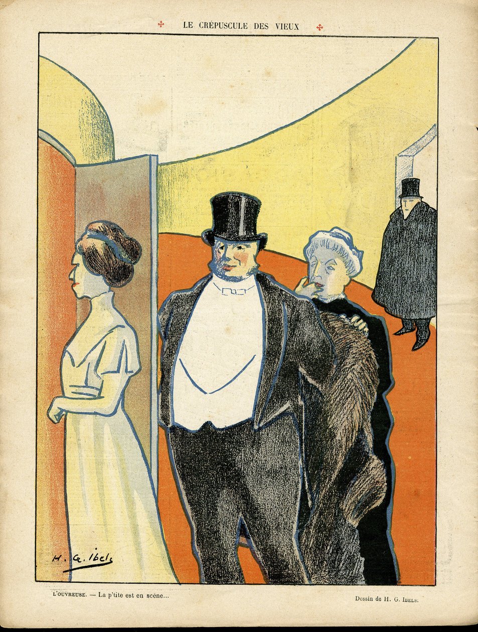 H. G. Ibelsin (1867-1936) kuvitus Le Riressa, 27.2.09 - Vanhan hämärä - Teatteri, Kolmas aika, Rikkaiden elämä - Katsojat tekijältä Henri Gabriel Ibels