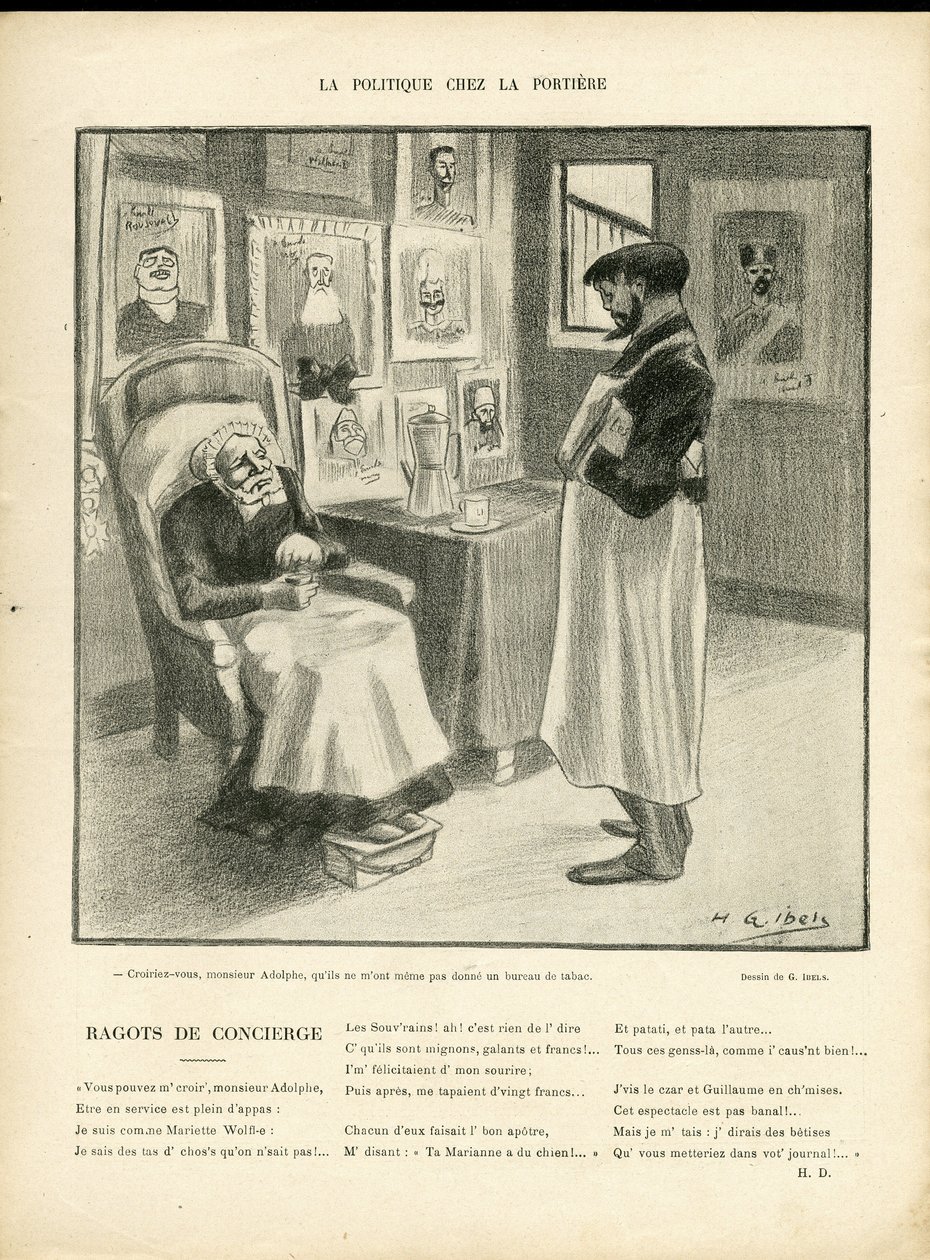 Kuva H. G. Ibelsistä (1867-1936) Le Riressa, 01.8.10 - Politiikkaa Portieressa - Ulkomaiset hallitsijat, Tunniste - Loubet Emile tekijältä Henri Gabriel Ibels