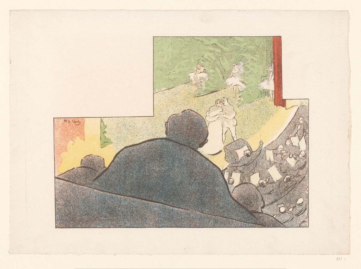 Mies katselee teatteriesitystä laatikosta Esitykset Théâtre Librestä (sarjan nimi) Les Programs du Théâtre Libre (sarjan nimi) tekijältä Henri Gabriel Ibels