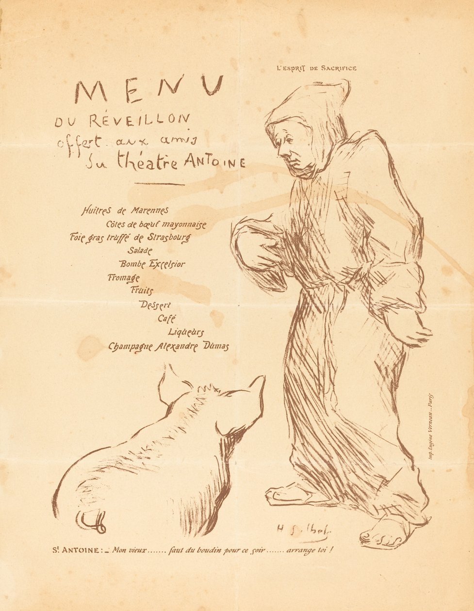 Uudenvuodenaaton menu tarjolla Antoine-teatterin ystäville tekijältä Henri Gabriel Ibels