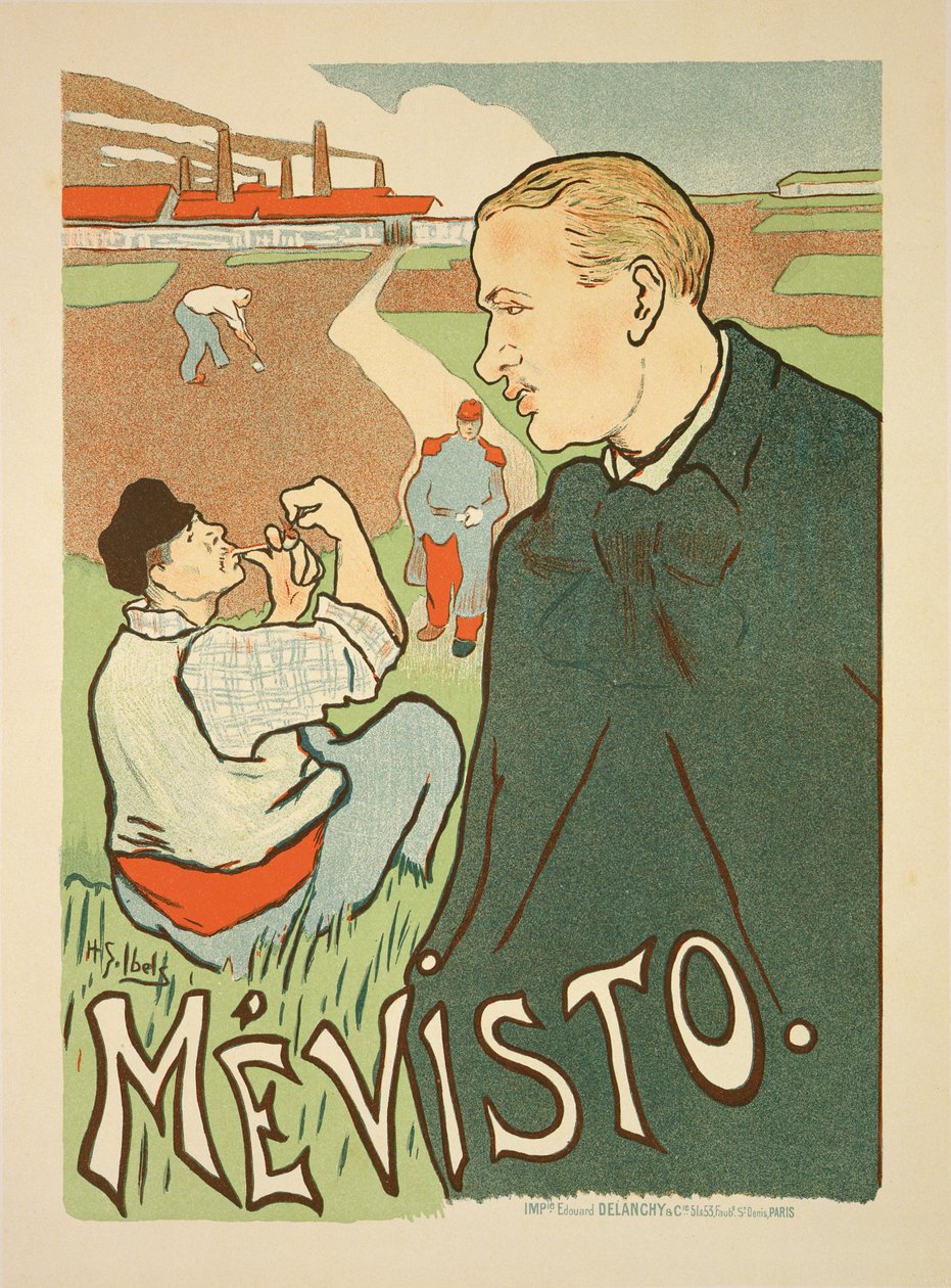 Jäljennös julisteesta, joka mainostaa "Mevistoa", Pariisi tekijältä Henri Gabriel Ibels