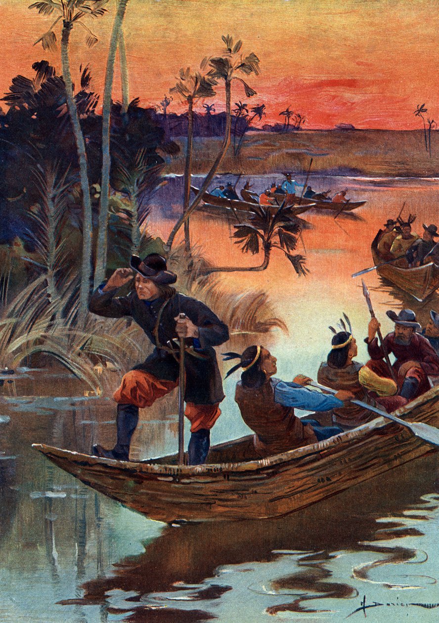 Rene Robert Cavelier de La Salle (1643-1687), ranskalainen tutkimusmatkailija ja hänen toverinsa laskeutumassa Mississippi-joesta Ranskaan tekijältä Henri Gaston Darien