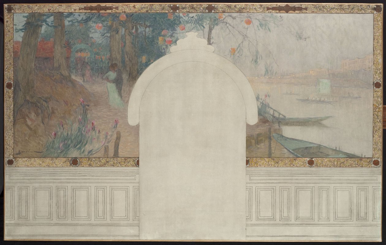 Asnièresin kaupungintalon luonnos: Kevät. Seine Asnièresissa, noin 1900 (öljy ja muste kankaalle). tekijältä Henri Gaston Darien