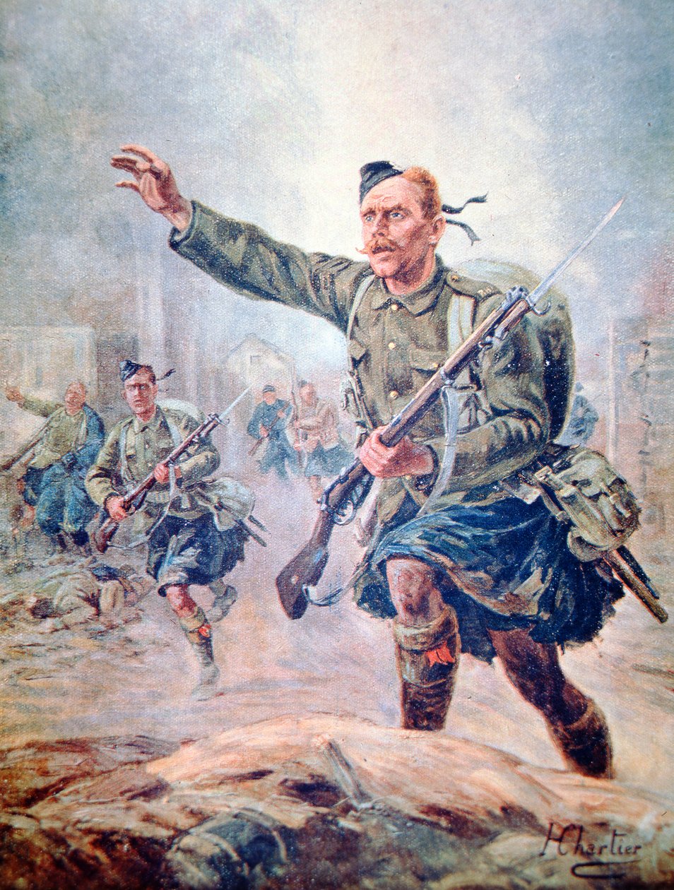 Skotlantilainen highlander kiltti päällään taistelussa länsirintamalla (värilitografia). tekijältä Henri Georges Jacques (after) Chartier