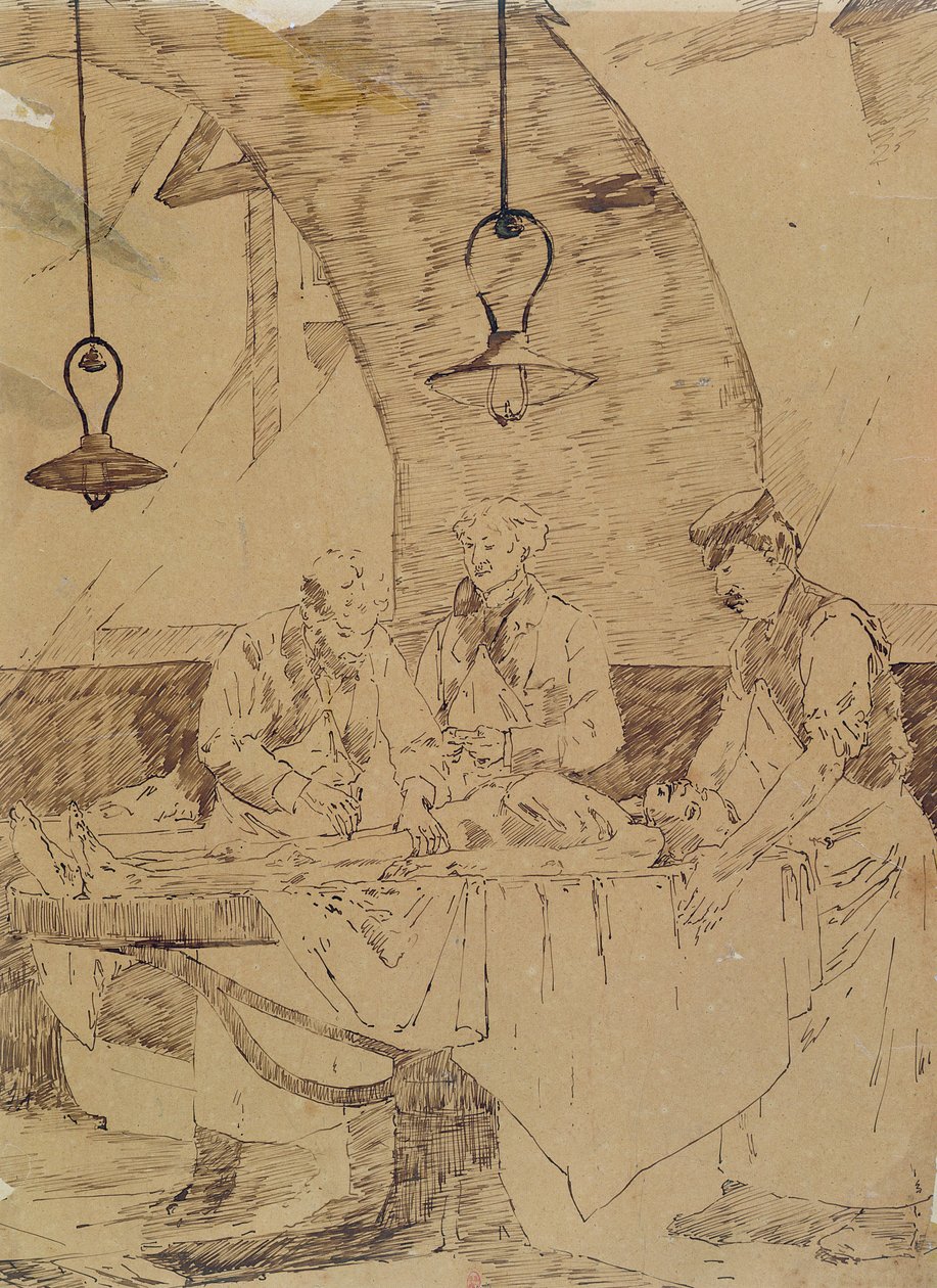 Ruumiinavaus Hotel-Dieussa, Pariisi, 1800-luvun loppupuoli (tussi ja tussi paperille). tekijältä Henri Gervex