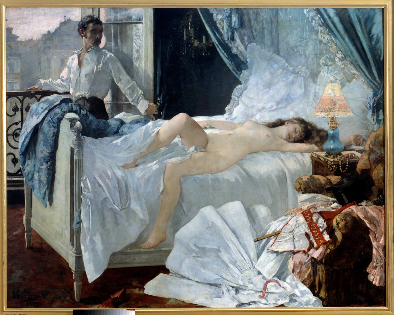 Rolla. Pari makuuhuoneessa, nainen nukkuu alasti ja mies katsoo häntä ikkunasta. Henri Gervexin (1852 - 1929) maalaus. 1878. Dim. 1,75 x 2,20 m Musee des Beaux Arts de Bordeaux - Rolla. Pari makuuhuoneessa, nainen nukkuu ja na tekijältä Henri Gervex