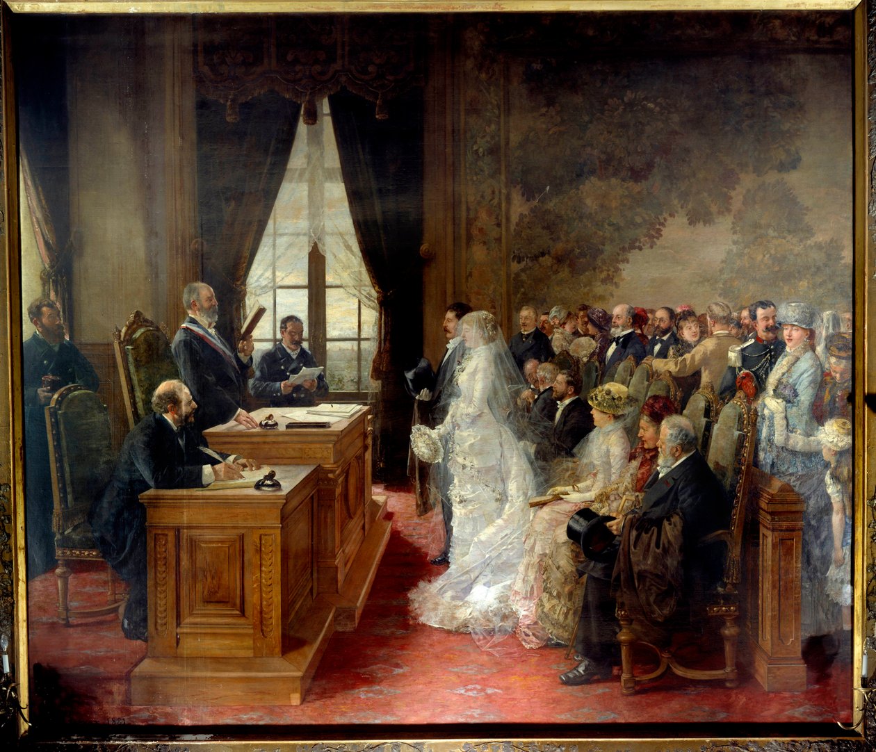 Mathurin Moreaun siviiliavioliitto solmittiin Pariisin kaupungintalossa vuonna 1881. Henri Gervexin (1852-1929) maalaus tekijältä Henri Gervex