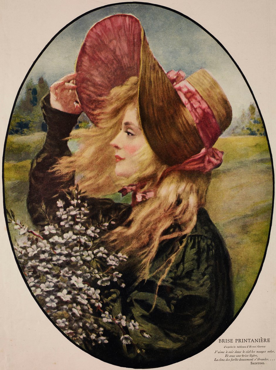 Jovem usando chapéu de palha, segurando um buquê de flores tekijältä Henri Gervex