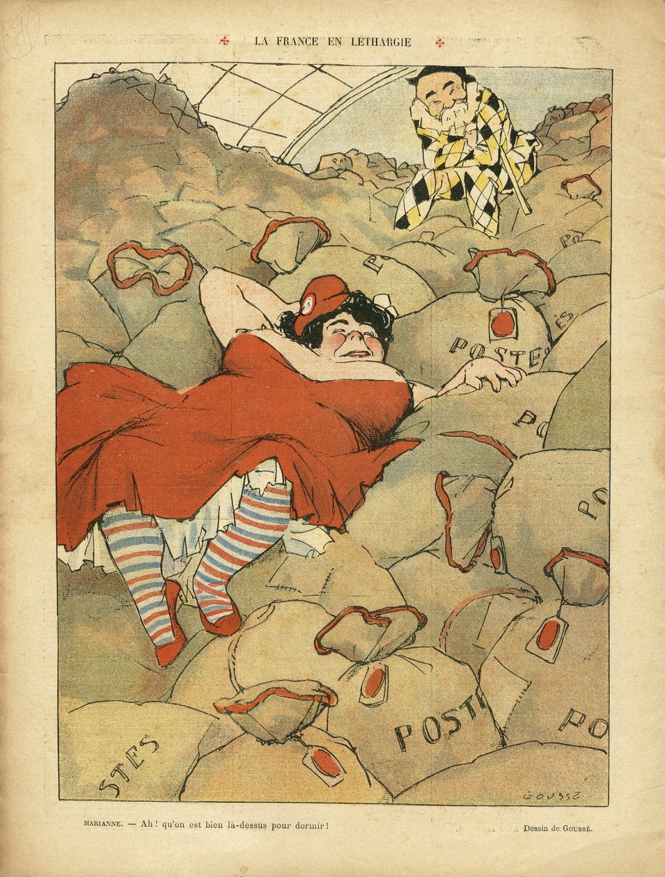 Kuva Henri Goussesta (1872-1914) Le Riressa, 03.04.09 - La France en letargie - Social, Greve, Courrier La Poste Postal - Clemenceau George, Marianne tekijältä Henri Gousse