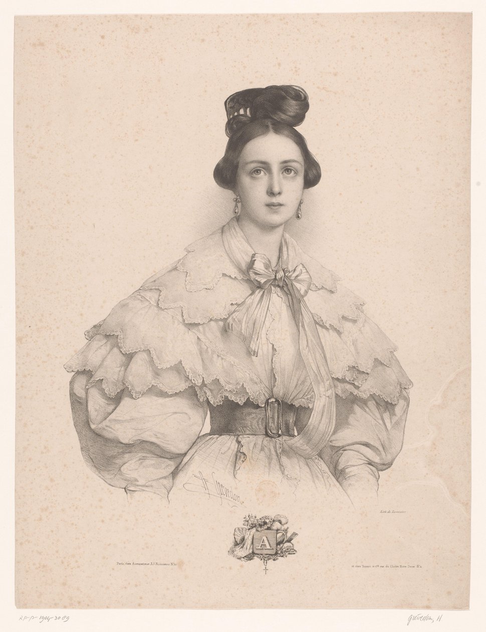 Nuori nainen, jonka nimi on kirjaimella A A (otsikko objektissa) Naiset jokaiselle aakkosten kirjaimelle (sarjan nimi) Le Miroir des dames, ou nouvel alfabet français (sarjan nimi) tekijältä Henri Grevedon