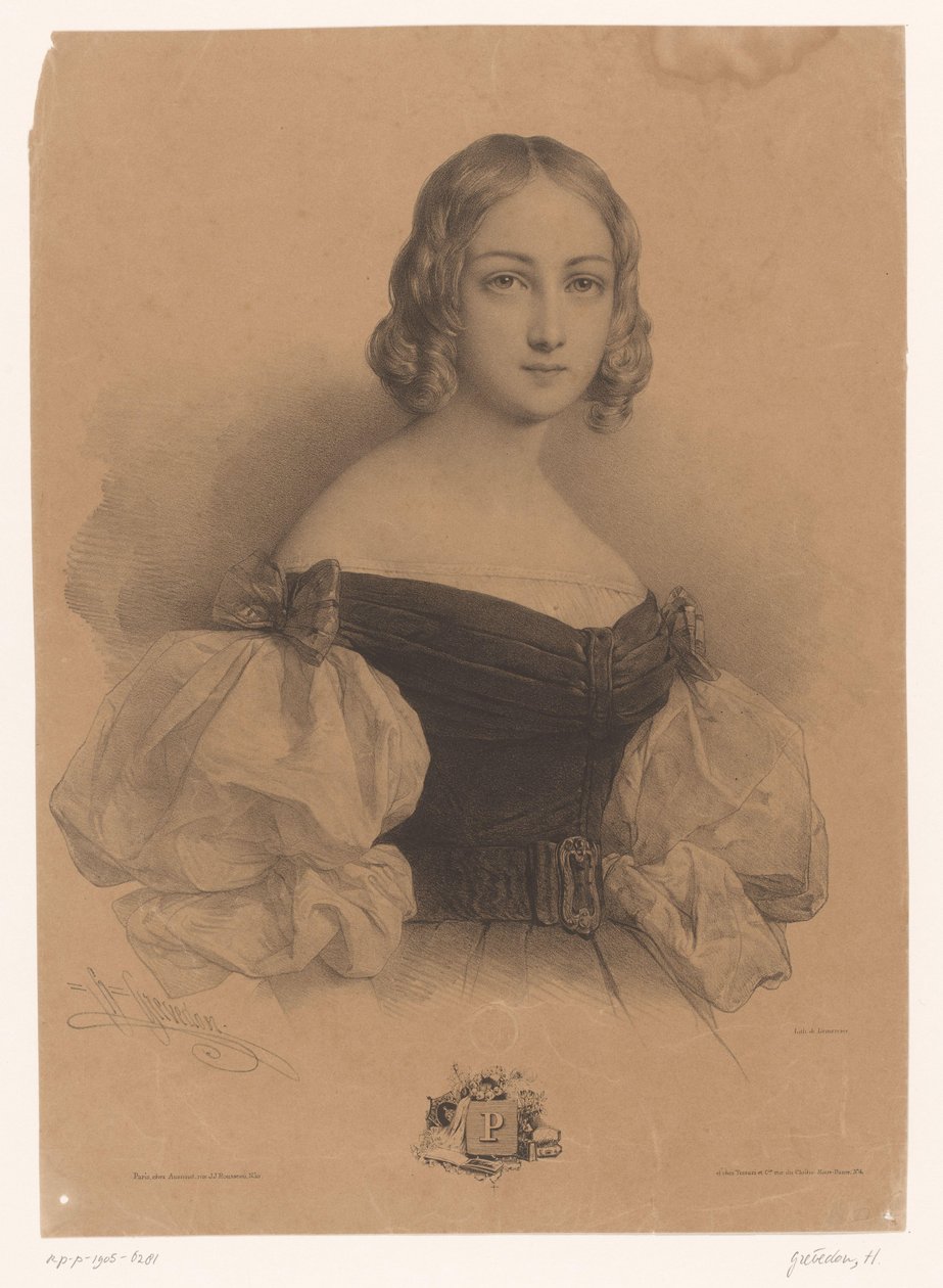 Nuori nainen, jonka nimi on kirjaimella P P (otsikko objektissa) Naiset jokaiselle aakkosten kirjaimelle (sarjan nimi) Le Miroir des Dames, ou nouvel alfabet français (sarjan nimi) tekijältä Henri Grevedon