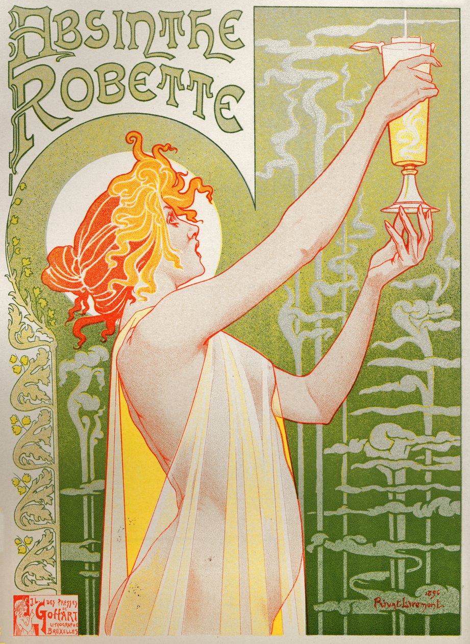 Ruoka ja juomat. Absintti Robette. Juliste Henri Privat Livemont, Belgia. tekijältä Henri Henri Antoine Théodore Livemont