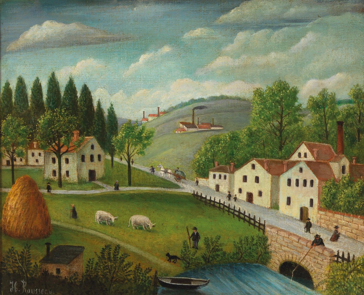 Pastoraalinen maisema, jossa puro, kalastaja ja lastenrattaat, c. 1875-80 (öljy kankaalle) tekijältä Henri J.F. Rousseau