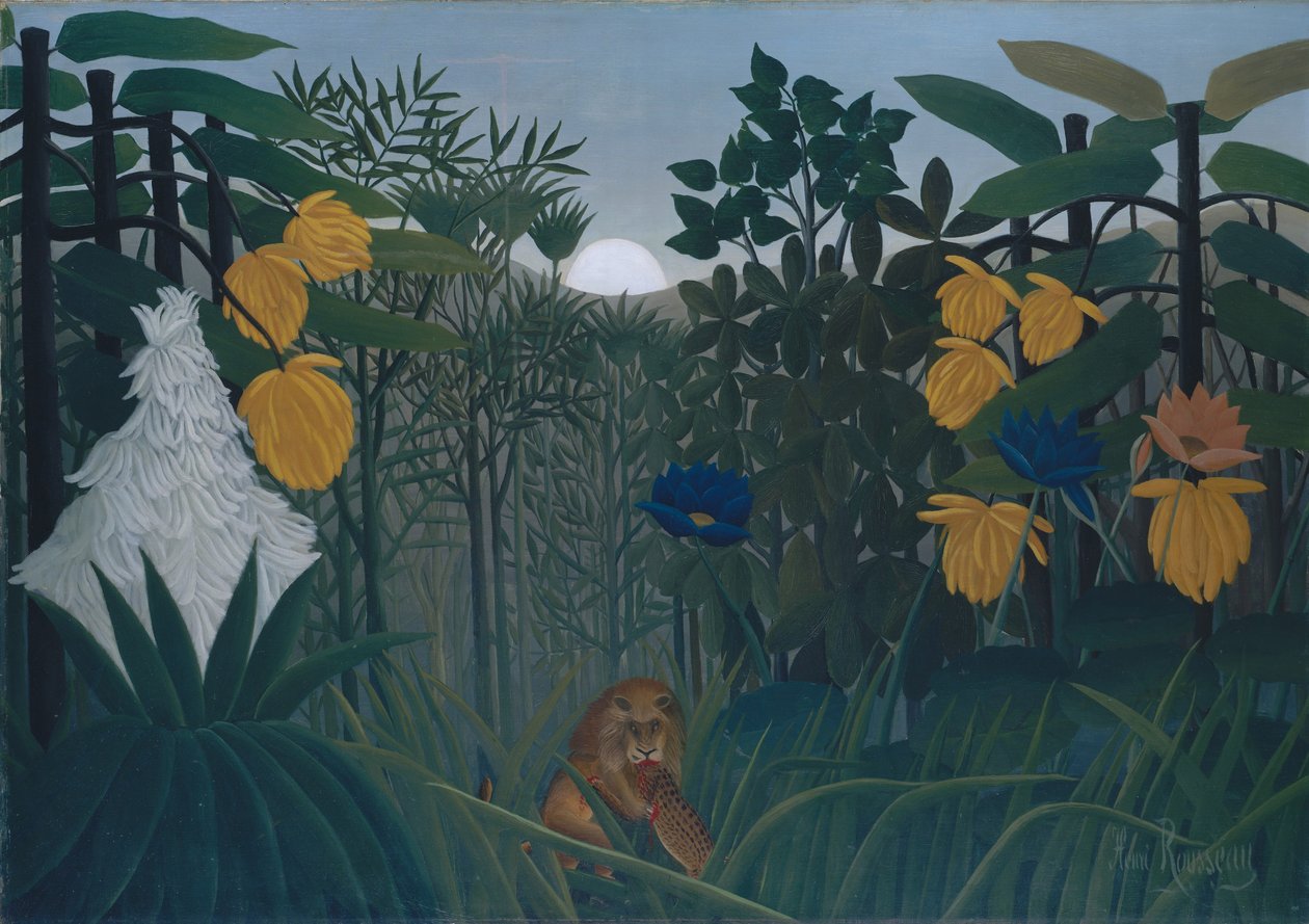 Leijonan ateria, n. 1907 (öljy kankaalle) tekijältä Henri J.F. Rousseau