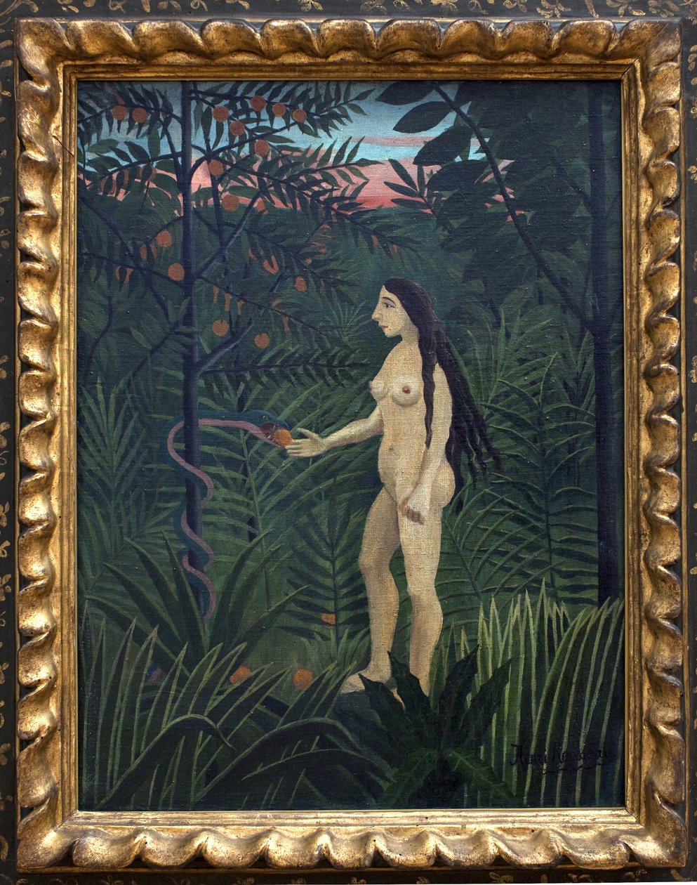 Eeva maallisessa paratiisissa. Henri Rousseaun maalaus dit le Douanier Rousseau (1844-1910), öljy kankaalle, n. 1906-1907. Ranskalainen taide, 1900-luku, naif-taide. Taidehalli, Hampuri, Saksa. tekijältä Henri J.F. Rousseau