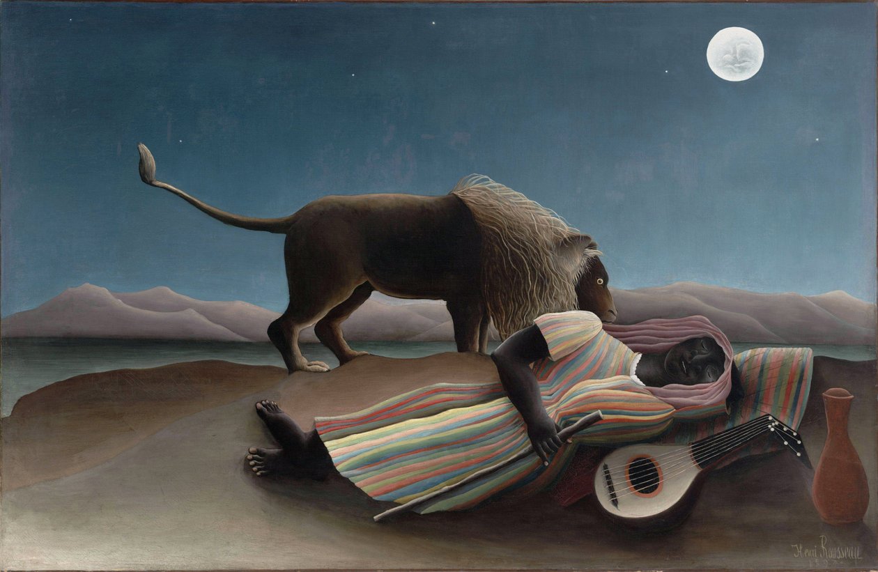 ""Nukkuva mustalainen"" Henry Rousseaun maalaus, joka tunnetaan nimellä Douanier Rousseau (1844-1910) 1897 Koko 129,5x200,7 cm New York, Modernin taiteen museo tekijältä Henri J.F. Rousseau