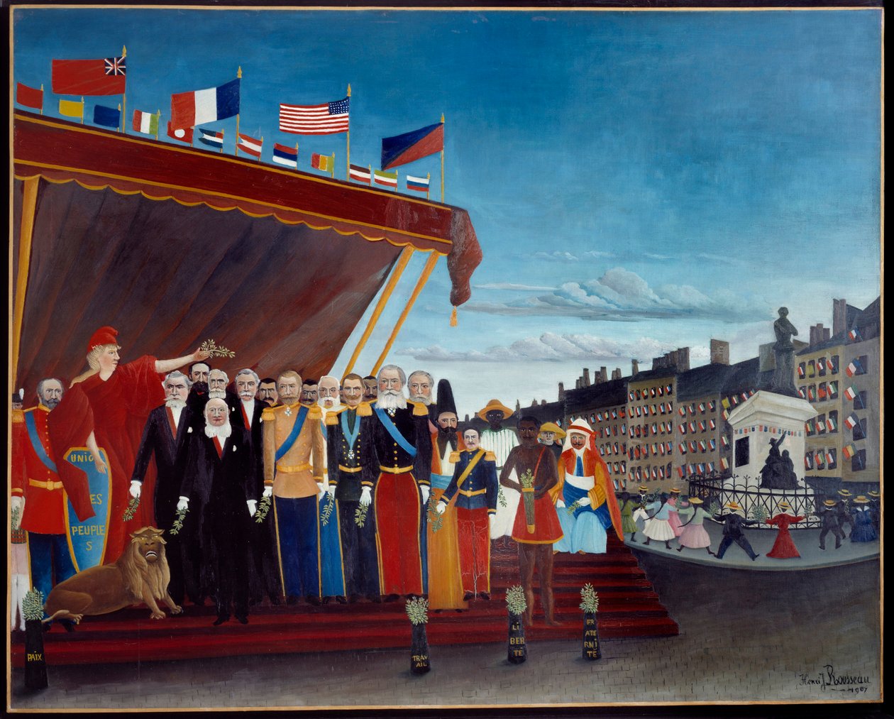 Vieraiden valtojen edustaja tervehtii tasavaltaa rauhan merkkinä Henri Rousseaun maalaus dit le Douanier Rousseau tekijältä Henri J.F. Rousseau