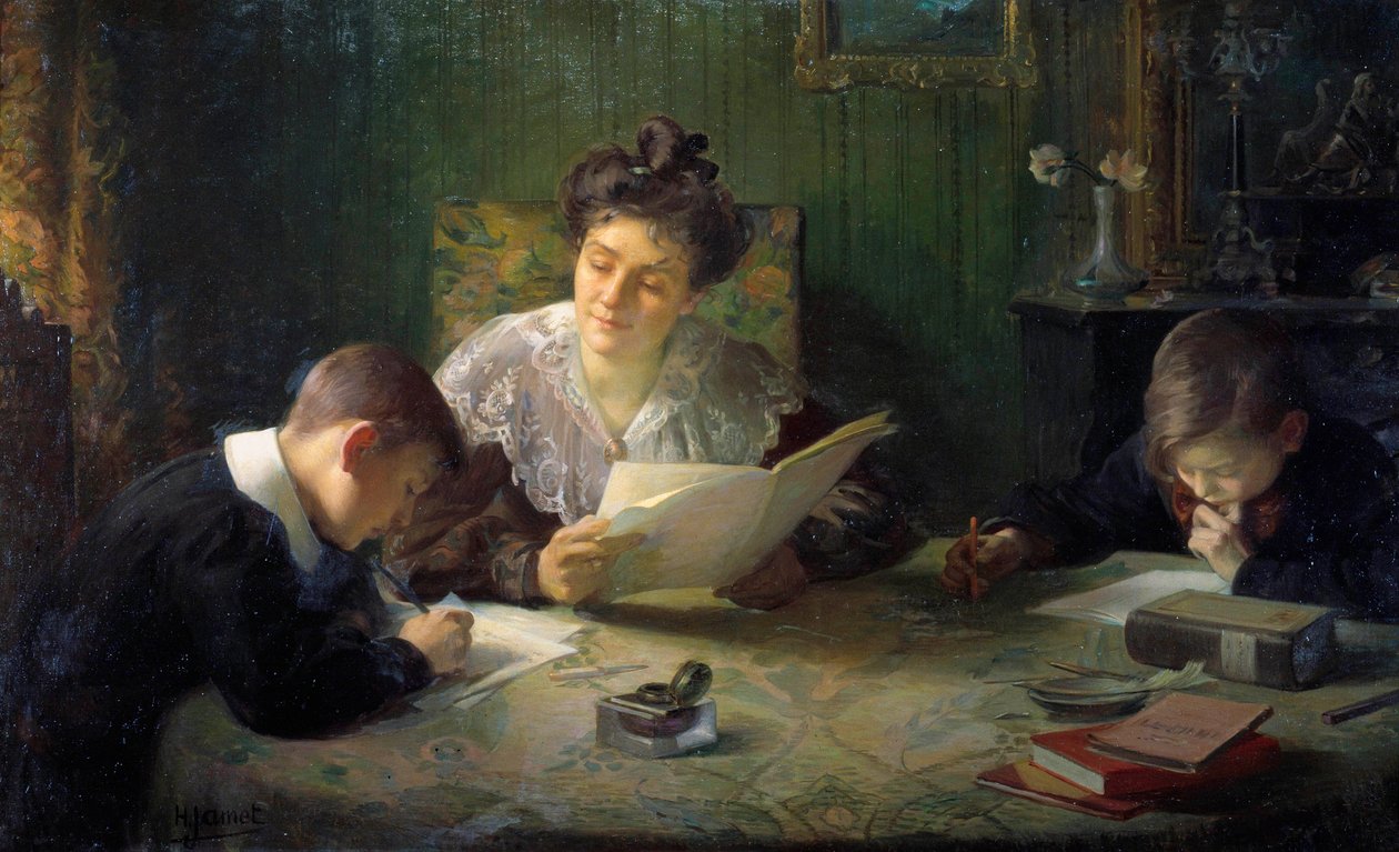 Kotitehtävät Äiti auttaa lapsia tekemään läksynsä. Henri Jametin (1858-1940) maalaus 1900-luvun Orleans, Musee des Beaux Arts tekijältä Henri Jamet