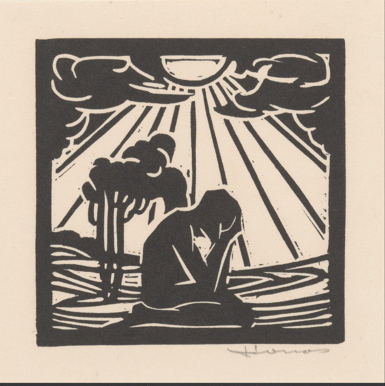 Polvistuva hahmo maisemassa puiden kanssa tekijältä Henri Jonas (signed by artist)