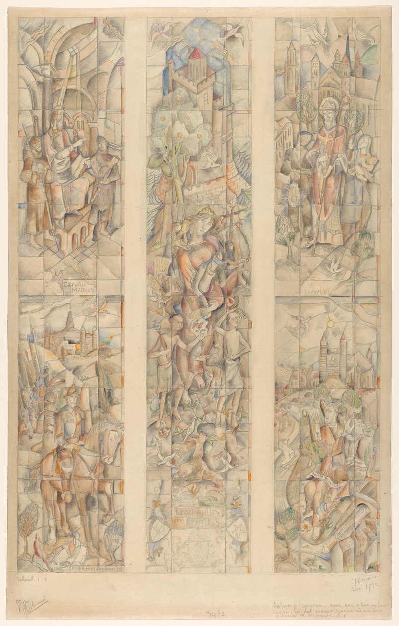Suunnittelulaatikko lasimaalaukseen Maastrichtin uudessa hallitusrakennuksessa (alkuperäinen nimi esineessä) tekijältä Henri Jonas (signed by artist)