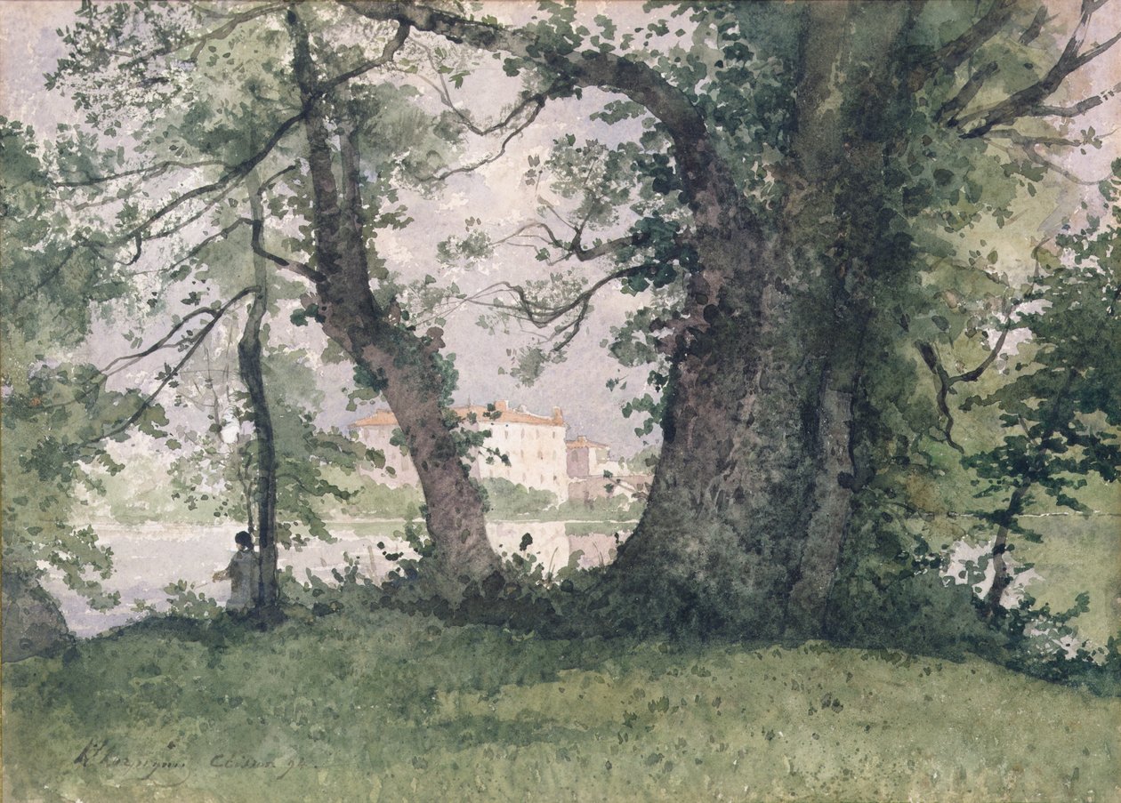 Kalastaja joen rannalla, 1894 (wc paperilla) tekijältä Henri Joseph Harpignies