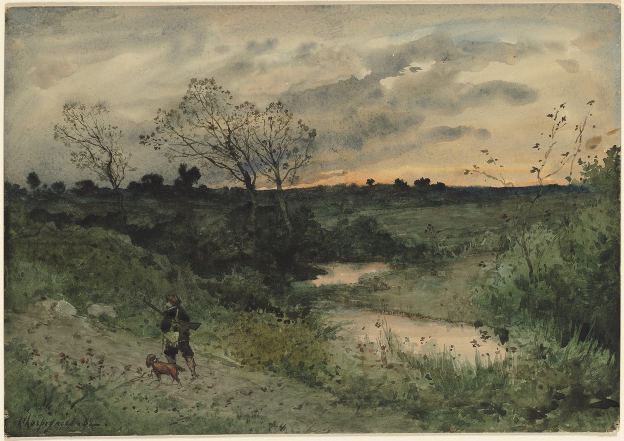 Dawn - Metsästäjä koiran kanssa, 1882. tekijältä Henri Joseph Harpignies