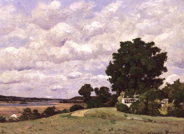 Maisema joen kanssa Chateau de Beauvoirin puutarhasta tekijältä Henri Joseph Harpignies