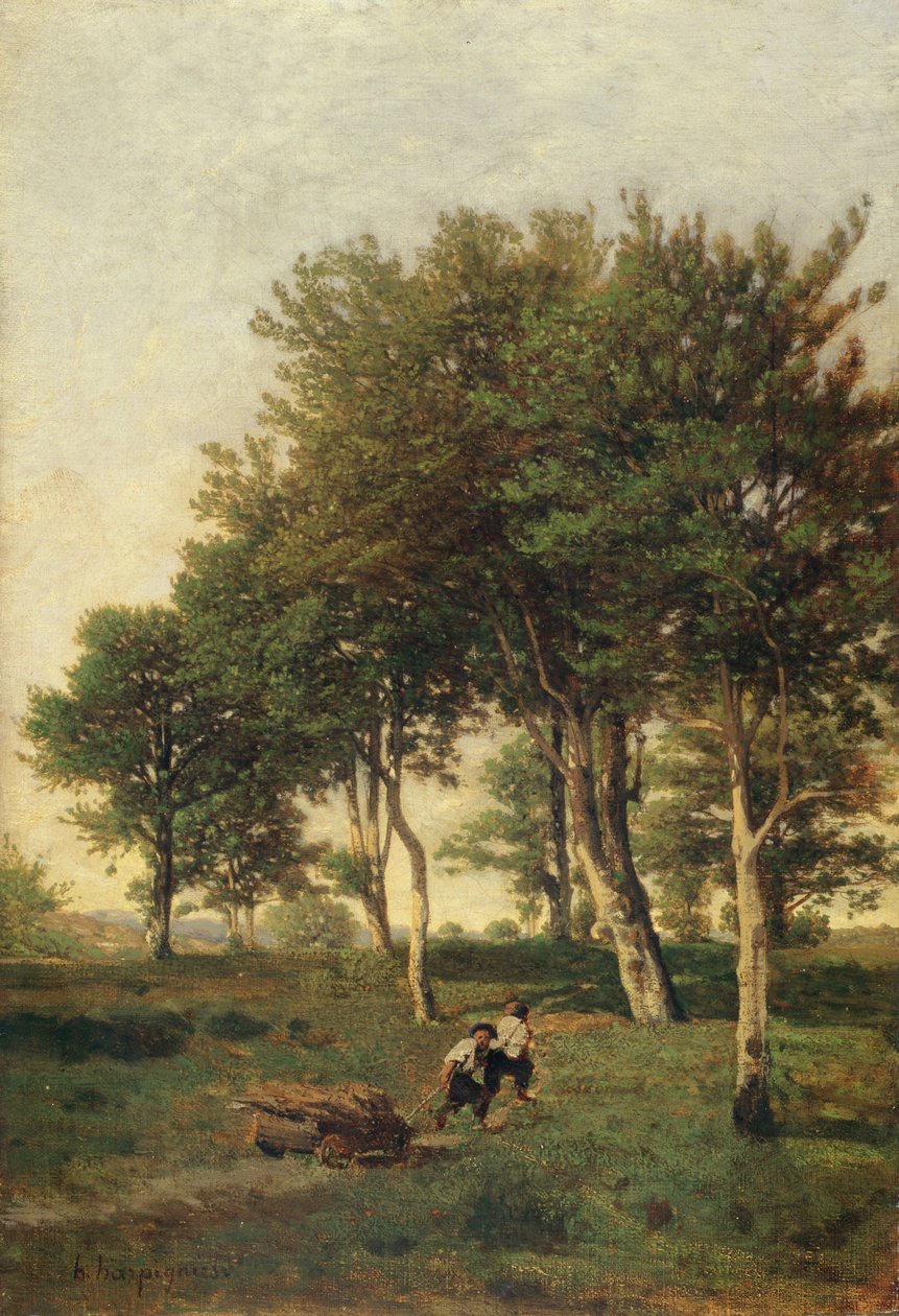 Maisema, jossa kaksi poikaa kantavat polttopuita, 1894 tekijältä Henri Joseph Harpignies