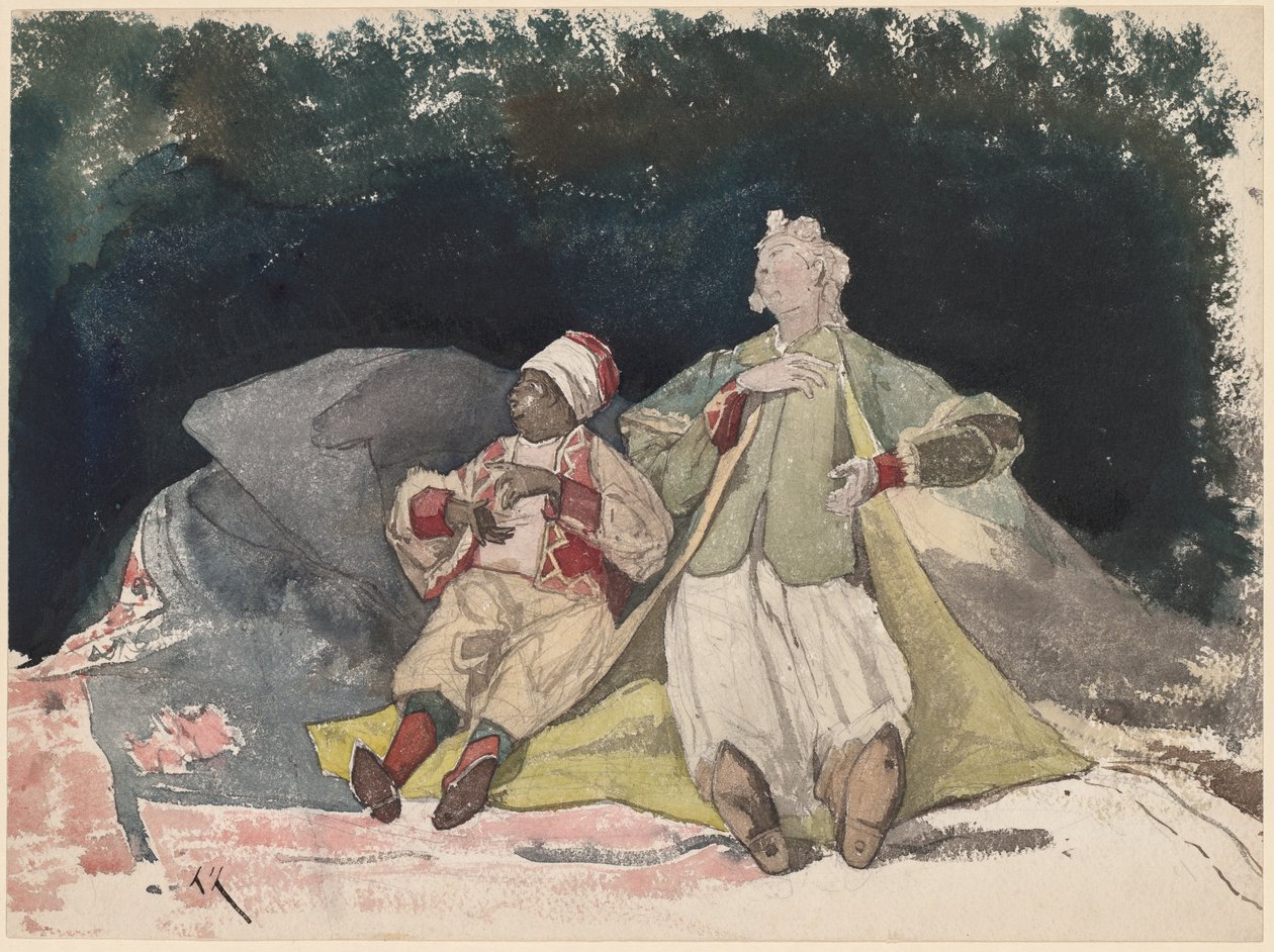 Kaksi nukkea tai nukkea istuvat tyynyillä tekijältä Henri Joseph Harpignies