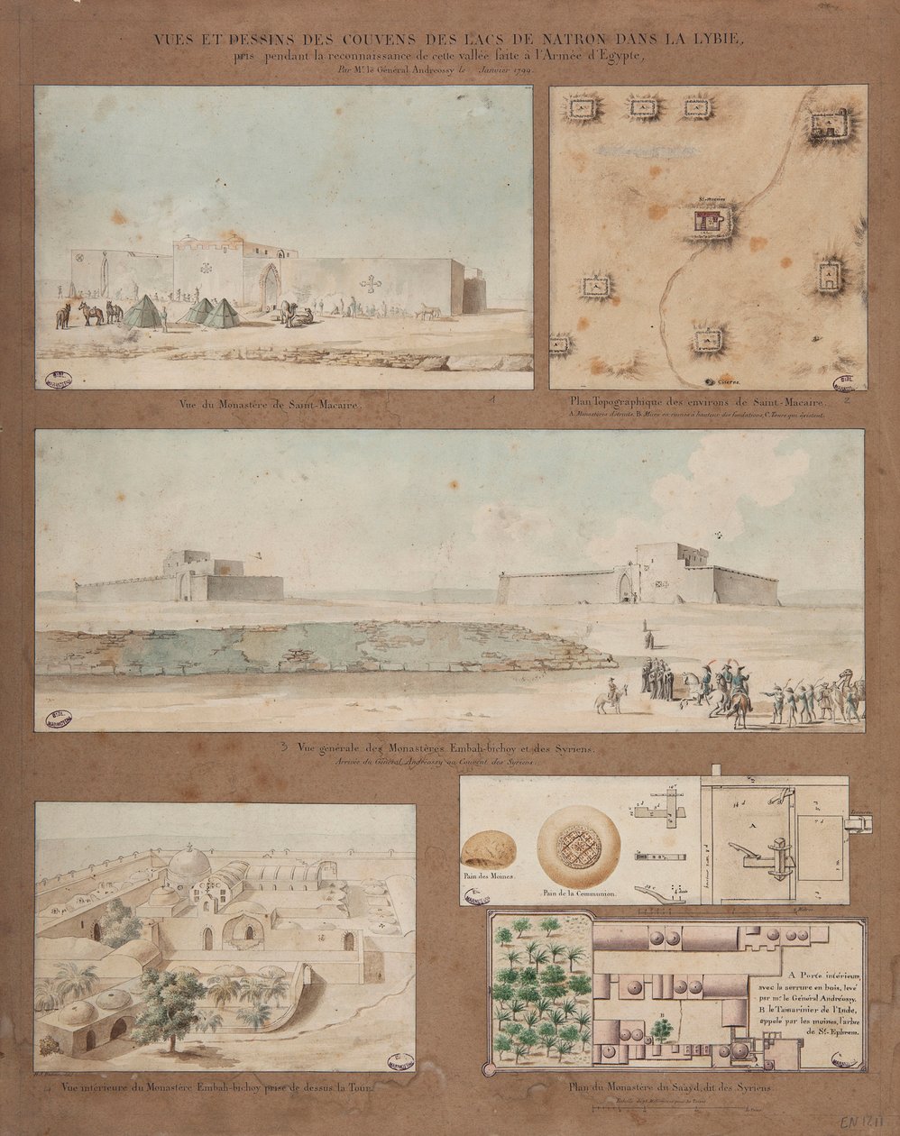 Kuusi näkymää ja piirustusta Libyan Natron-järvestä, tehty kenraali Andreossyn johtaman Egyptin armeijan tiedustelutehtävän aikana, 1799 (kynä, muste ja wc paperilla) tekijältä Pierre Joseph Redouté