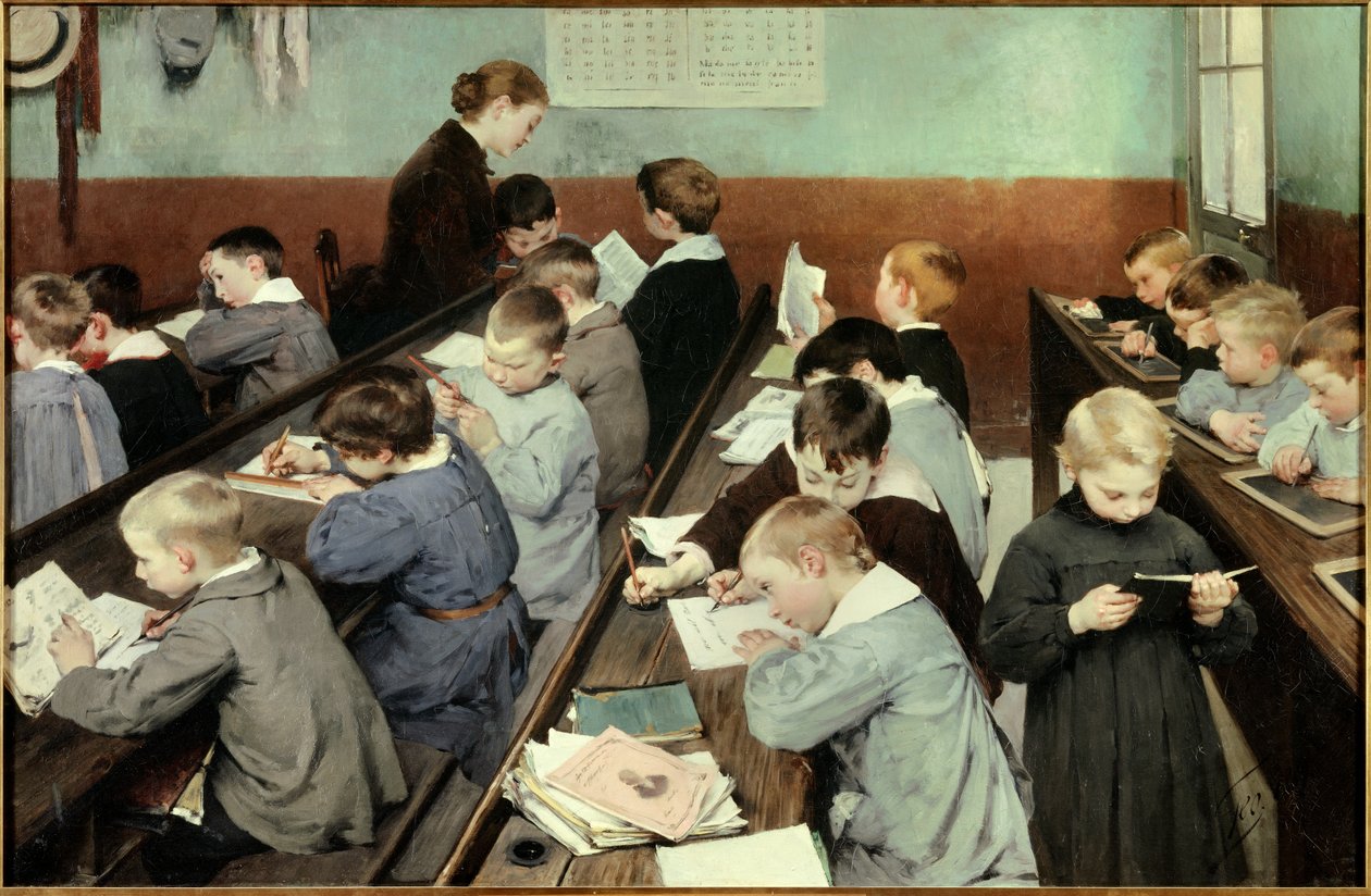 Luokassa pienten töitä. Nuoret pojat koulupuseroissa opiskelevat luokkahuoneessa, jotkut lukevat, toiset kirjoittavat vihkoon tai taululle. Jean Henri Jules Dit Geo Geoffroyn (1853-1924) maalaus tekijältä Henri Jules Jean Geoffroy