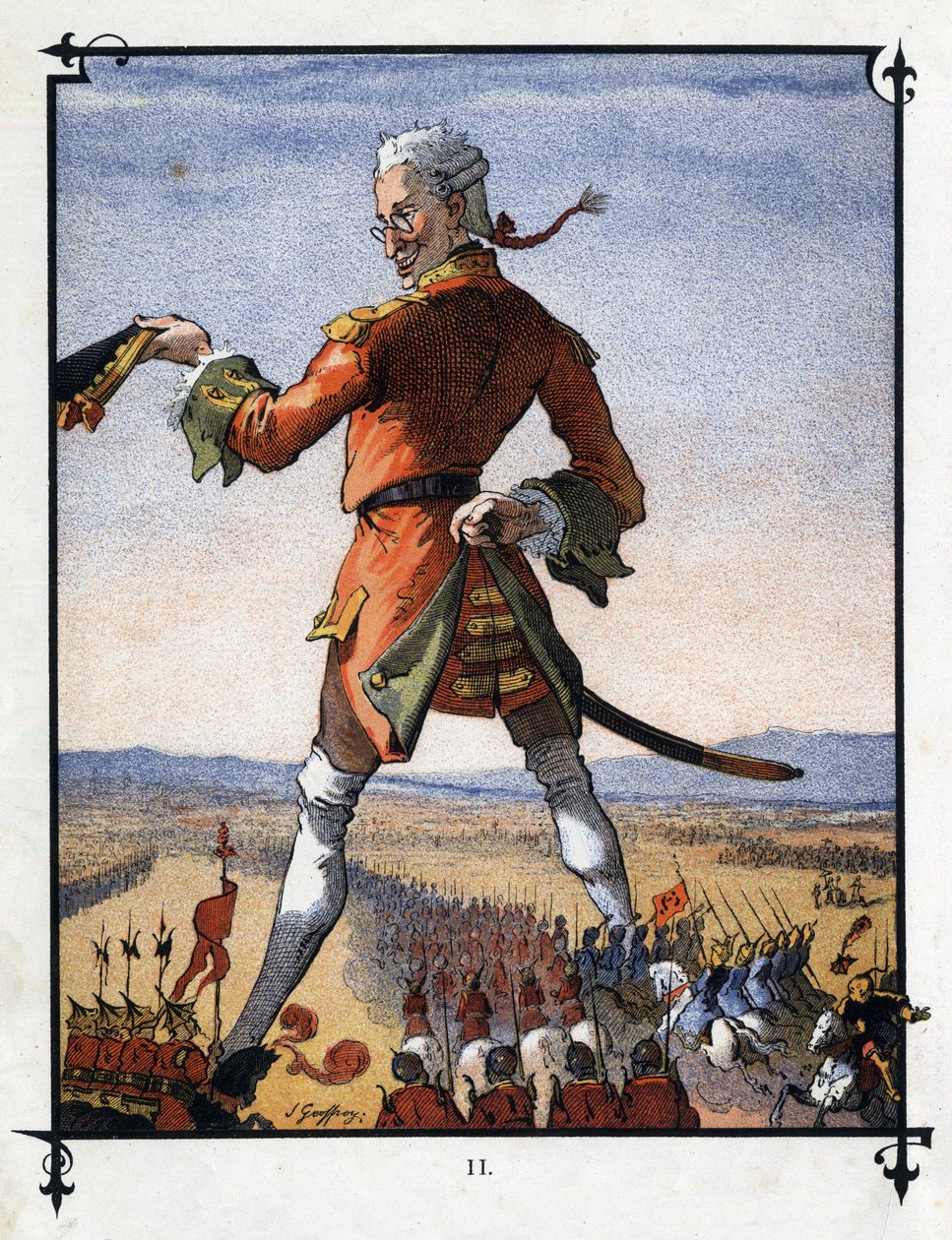 Lemuel Gulliver komentaa liliputilaisten armeijaa. Kuvitus Jonathan Swiftin (1667-1745) elokuvaan "" Gulliver